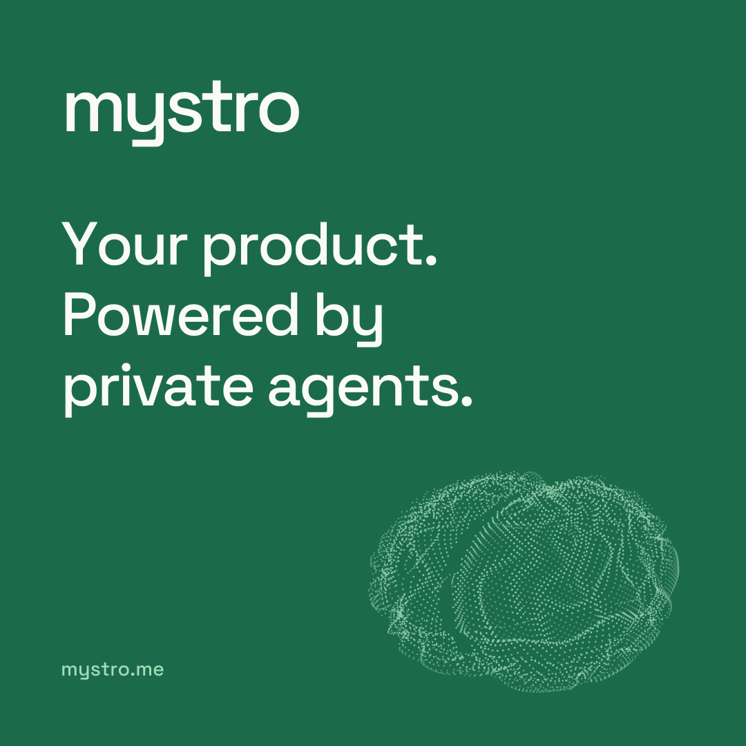 Jade Instagram post with the Mystro wordmark and Your product. Powered by private agents.