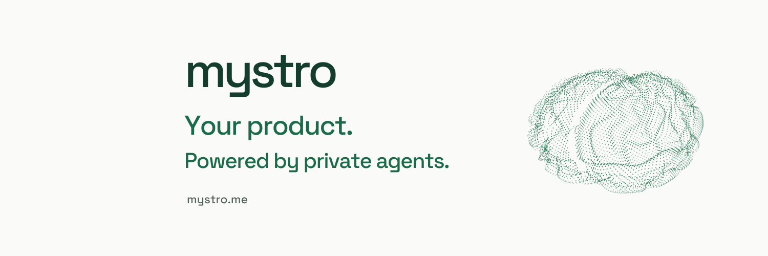 Mystro X header with jade lettering and a particle brain on ivory